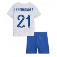 Camiseta Francia Lucas Hernandez #21 Visitante Equipación para niños Mundial 2022 manga corta (+ pantalones cortos)